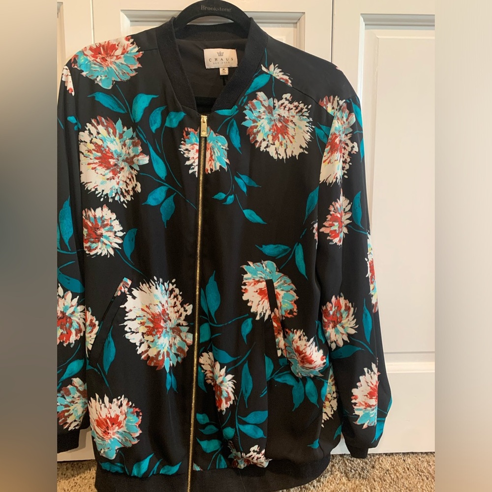 Chaus silky black and floral bomber jacket